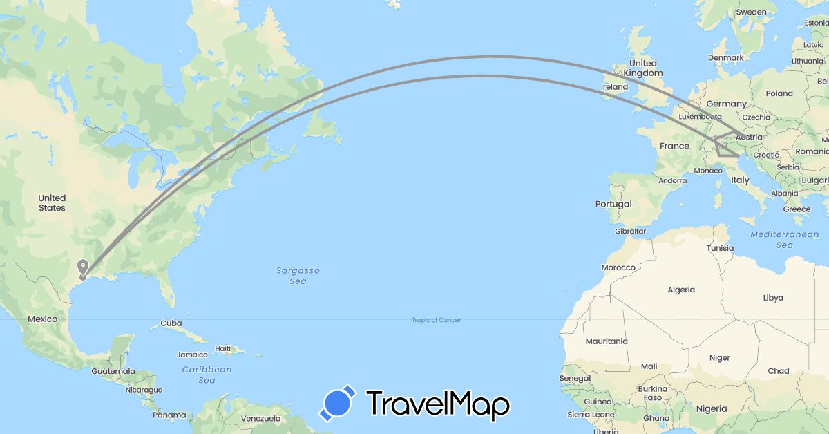TravelMap itinerary: driving, plane in Austria, Switzerland, Germany, Italy, United States (Europe, North America)